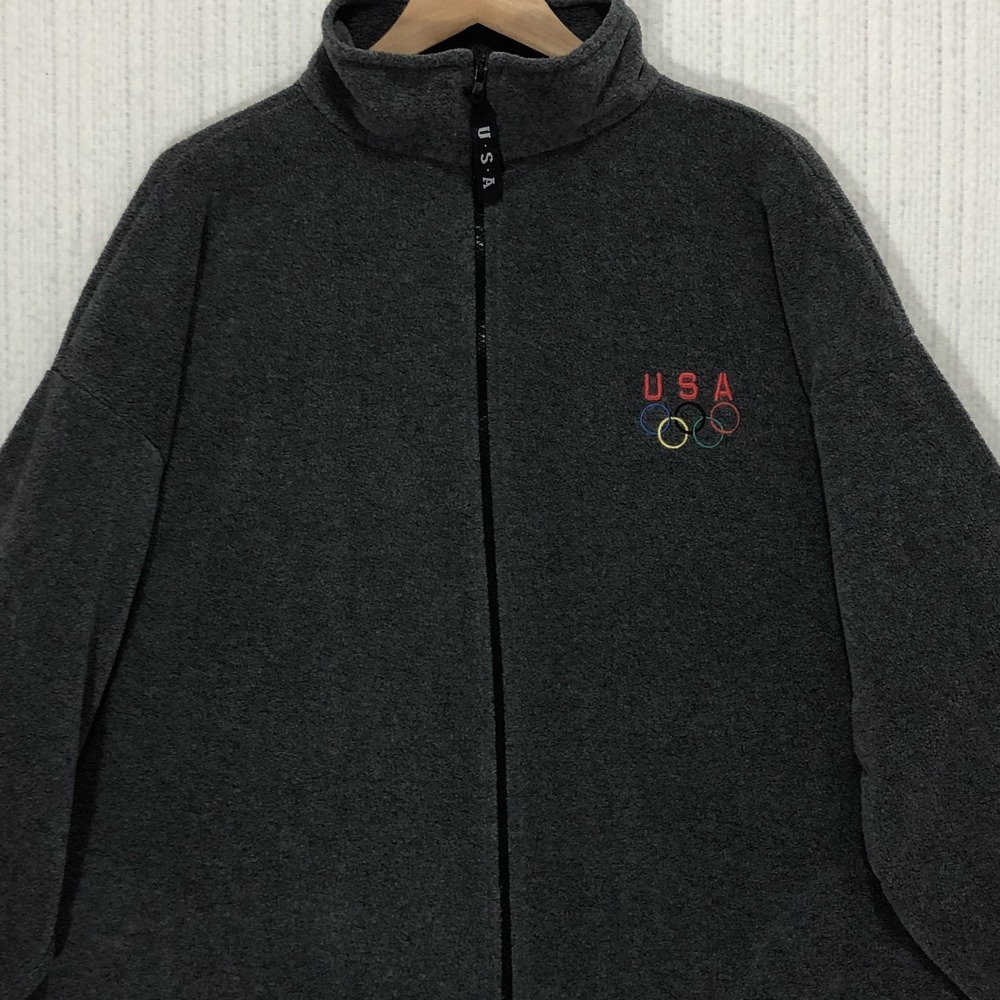 USA Olympics Fleece Jacket Mens XXL Charcoal Gray Full Zip Made in USA Vintage